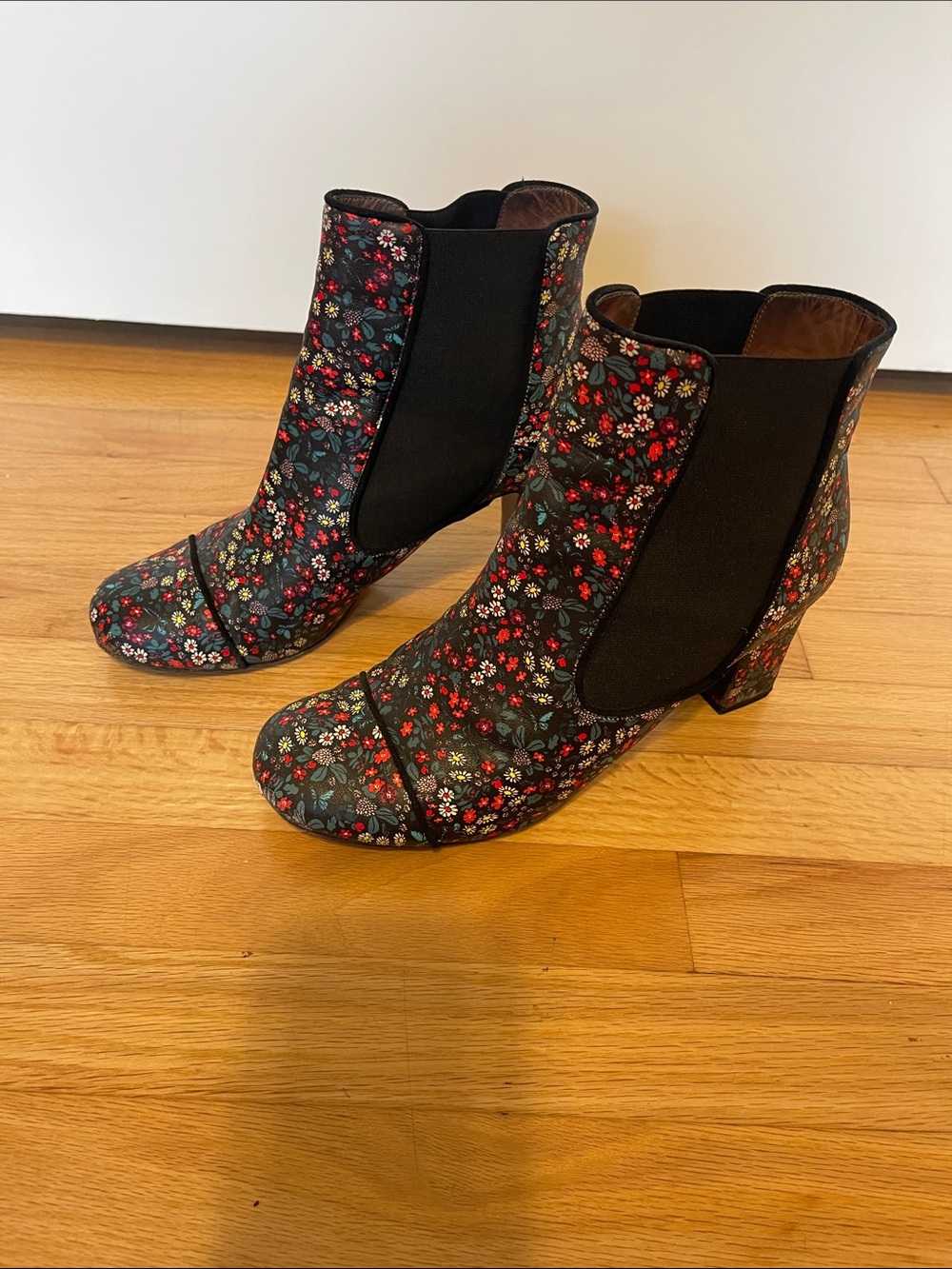 Tabitha Simmons Black Floral Ankle Booties with Red & Pink Accents